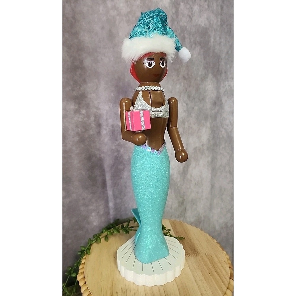 Mermaid Nutcracker African American Coastal Aqua Blue Santa Hat 15" Christmas - Picture 2 of 7